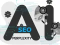 AI i SEO: jak zrozumieć perplexity w kontekście sztucznej inteligencji i optymalizacji? Grafika przedstawia litery AI z elementami robotów i kół zębatych.