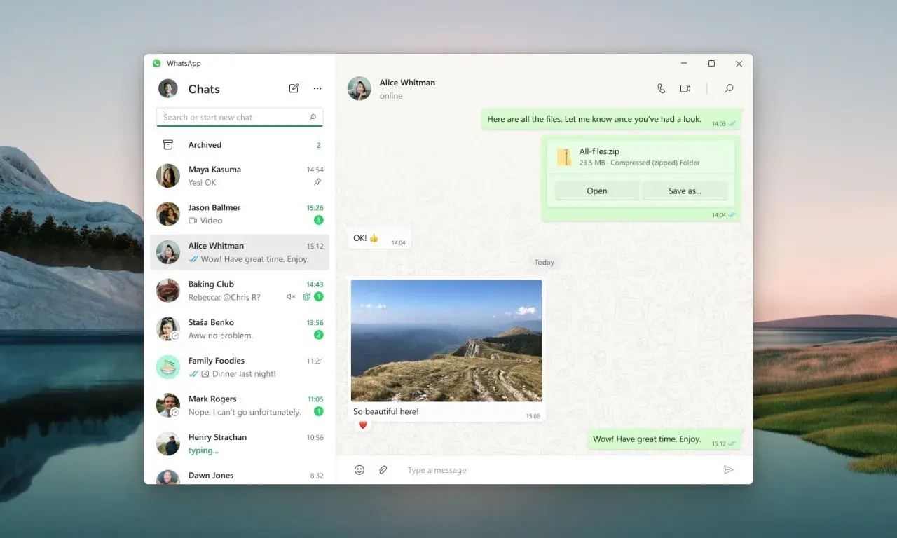 WhatsApp na komputerze. Widok rozmowy z Alice Whitman, wysłany plik zip i zdjęcie z gór.
