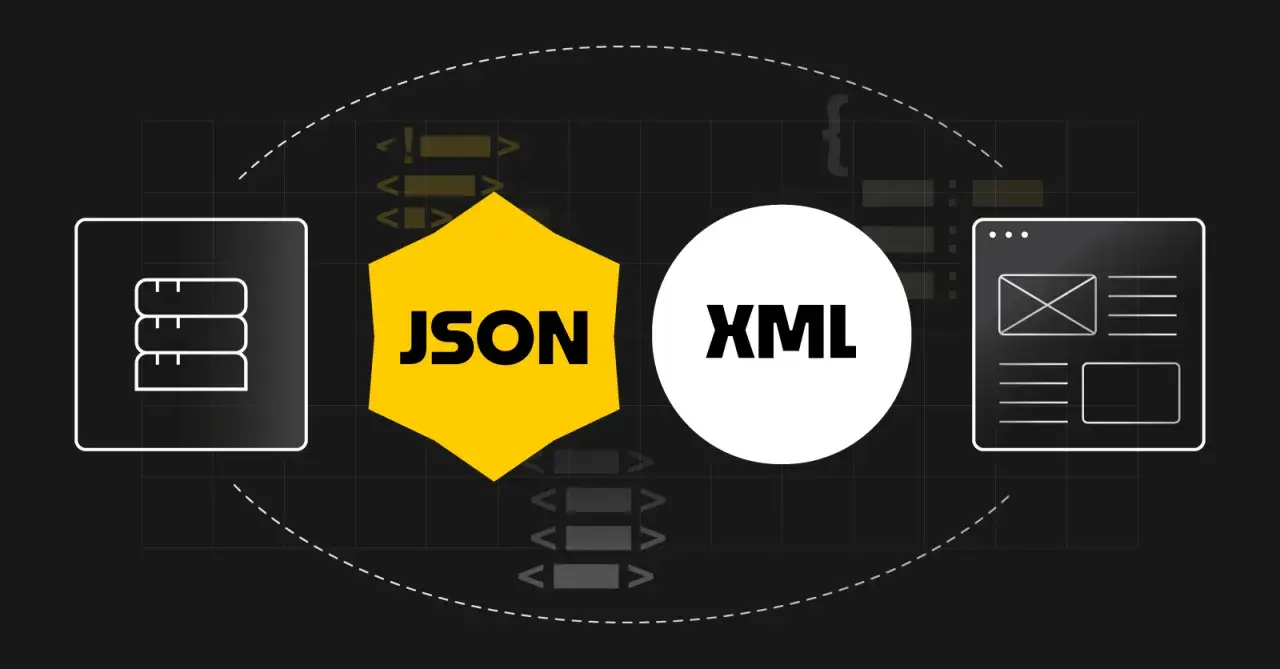 Porównanie formatów danych: ikony bazy danych, JSON, XML i interfejsu użytkownika.