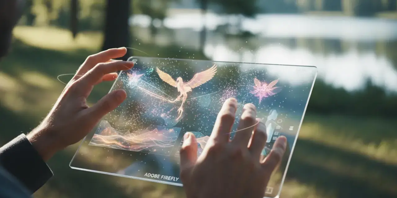 Ręce trzymają przezroczysty tablet, na którym **Adobe Firefly** tworzy magiczne, świetliste stworzenia, jak ptak i ważki, na tle natury.