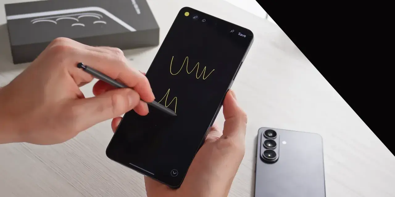 Ręce trzymają smartfon, rysując rysikiem na czarnym ekranie. Obok leży nowy Samsung S26, gotowy na premierę.