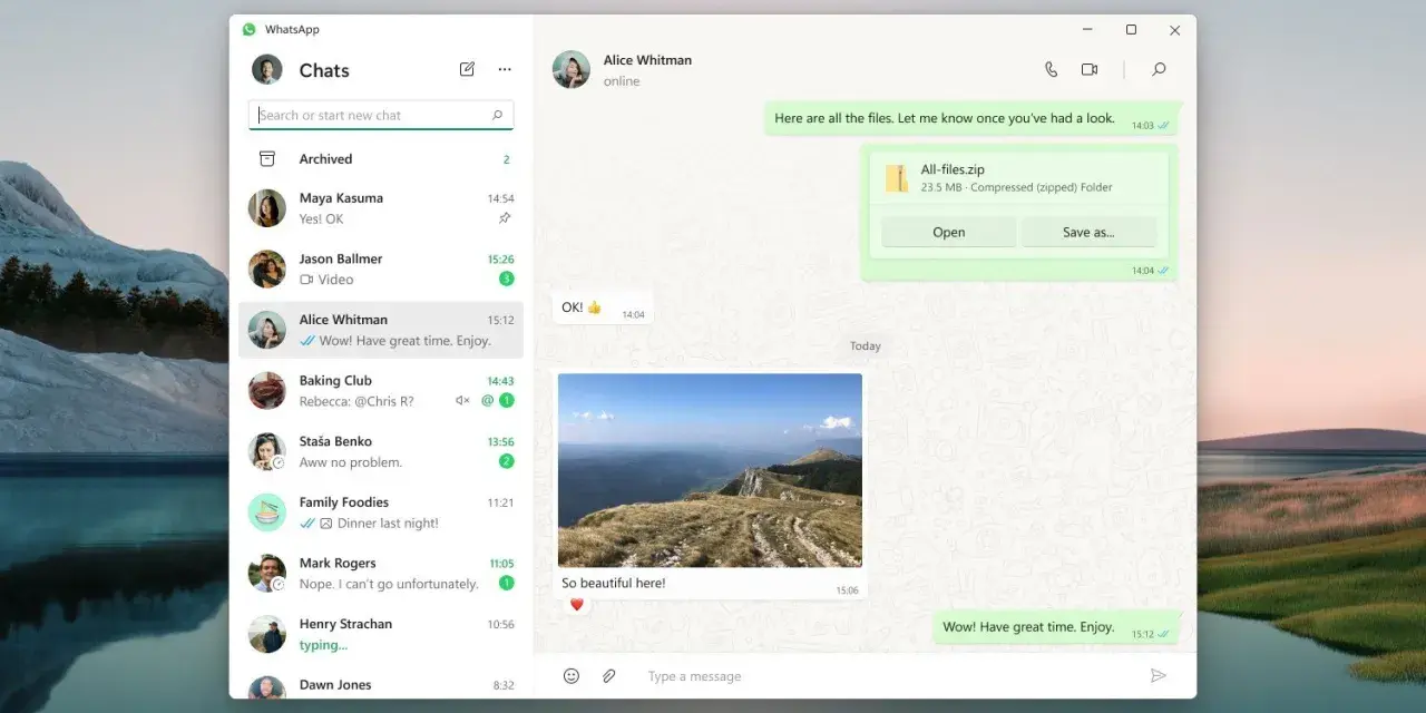 WhatsApp na komputerze. Widok rozmowy z Alice Whitman, wysłany plik zip i zdjęcie z gór.