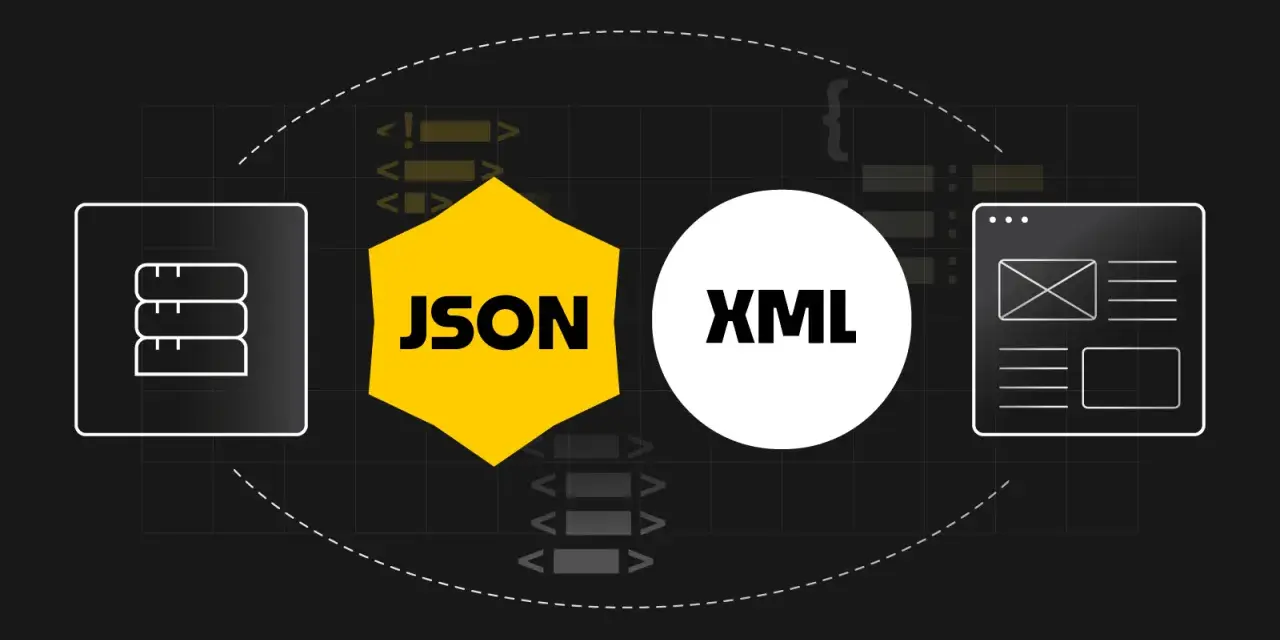 Porównanie formatów danych: ikony bazy danych, JSON, XML i interfejsu użytkownika.
