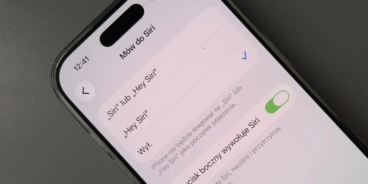Ustawienia iPhone'a: aktywacja Siri po polsku przez komendę głosową lub przycisk boczny.