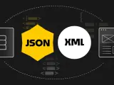 Porównanie formatów danych: ikony bazy danych, JSON, XML i interfejsu użytkownika.