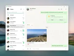 WhatsApp na komputerze. Widok rozmowy z Alice Whitman, wysłany plik zip i zdjęcie z gór.