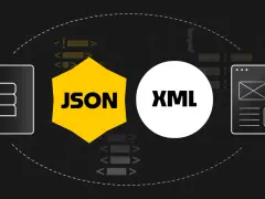 Porównanie formatów danych: ikony bazy danych, JSON, XML i interfejsu użytkownika.