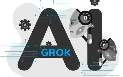 Grafika przedstawia litery "AI" z robotycznymi twarzami i zębatkami. W środku litery "A" widnieje napis "GROK", sugerujący, że to właśnie grok co to jest, czyli sztuczna inteligencja.