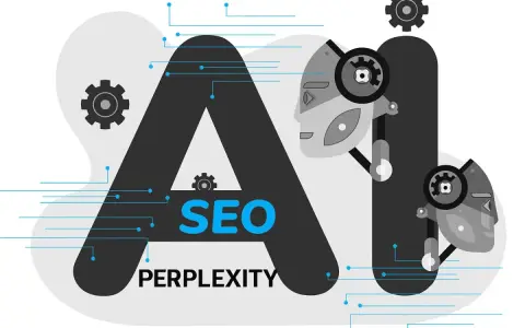 AI i SEO: jak zrozumieć perplexity w kontekście sztucznej inteligencji i optymalizacji? Grafika przedstawia litery AI z elementami robotów i kół zębatych.