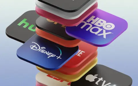 Stos ikon popularnych platform streamingowych: Disney+, HBO Max, Hulu, Apple TV+ i inne.