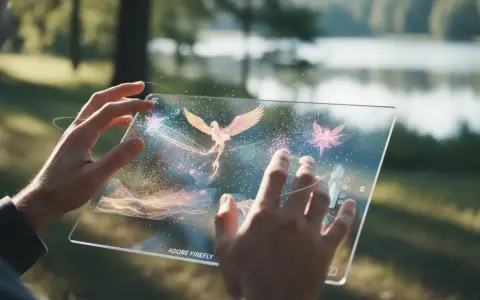 Ręce trzymają przezroczysty tablet, na którym **Adobe Firefly** tworzy magiczne, świetliste stworzenia, jak ptak i ważki, na tle natury.