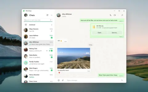 WhatsApp na komputerze. Widok rozmowy z Alice Whitman, wysłany plik zip i zdjęcie z gór.