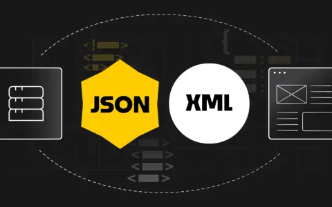 Porównanie formatów danych: ikony bazy danych, JSON, XML i interfejsu użytkownika.