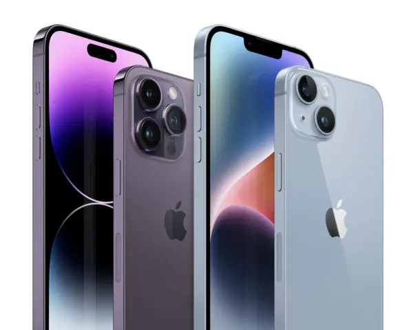 Nowe iPhone 14 Pro w kolorach fioletowym i niebieskim. Idealne do wymiany baterii iPhone 14 Pro.