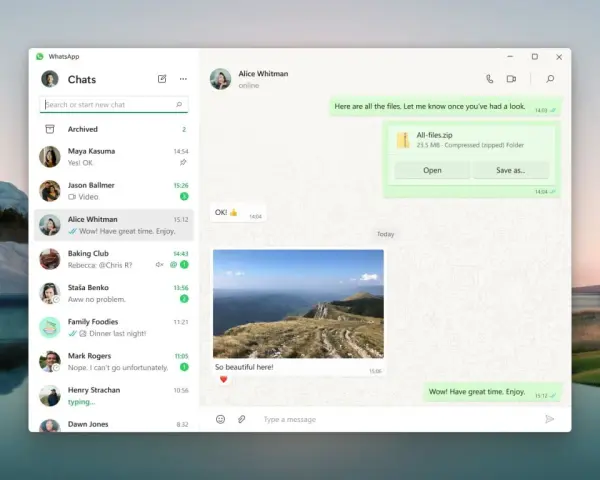 WhatsApp na komputerze. Widok rozmowy z Alice Whitman, wysłany plik zip i zdjęcie z gór.