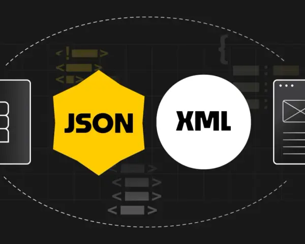 Porównanie formatów danych: ikony bazy danych, JSON, XML i interfejsu użytkownika.
