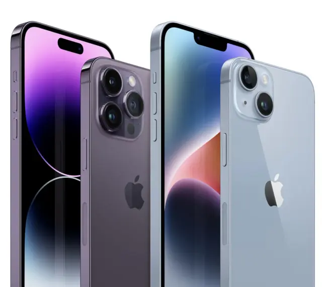 Nowe iPhone 14 Pro w kolorach fioletowym i niebieskim. Idealne do wymiany baterii iPhone 14 Pro.