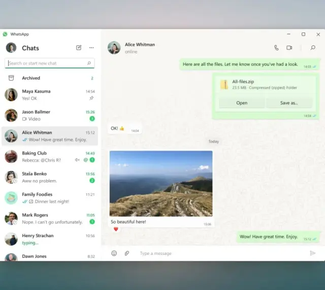 WhatsApp na komputerze. Widok rozmowy z Alice Whitman, wysłany plik zip i zdjęcie z gór.