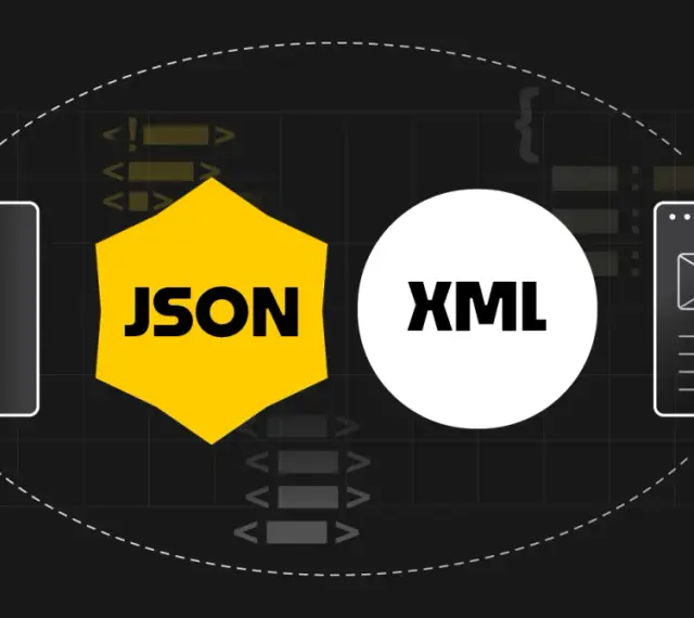 Porównanie formatów danych: ikony bazy danych, JSON, XML i interfejsu użytkownika.