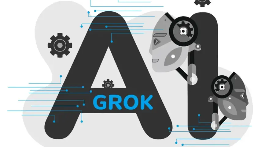 Grafika przedstawia litery "AI" z robotycznymi twarzami i zębatkami. W środku litery "A" widnieje napis "GROK", sugerujący, że to właśnie grok co to jest, czyli sztuczna inteligencja.