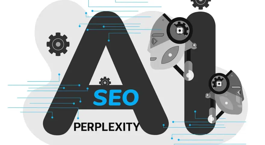 AI i SEO: jak zrozumieć perplexity w kontekście sztucznej inteligencji i optymalizacji? Grafika przedstawia litery AI z elementami robotów i kół zębatych.