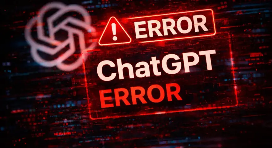 Czerwony komunikat "ERROR" na tle cyfrowego szumu i logo ChatGPT. Awaria systemu.