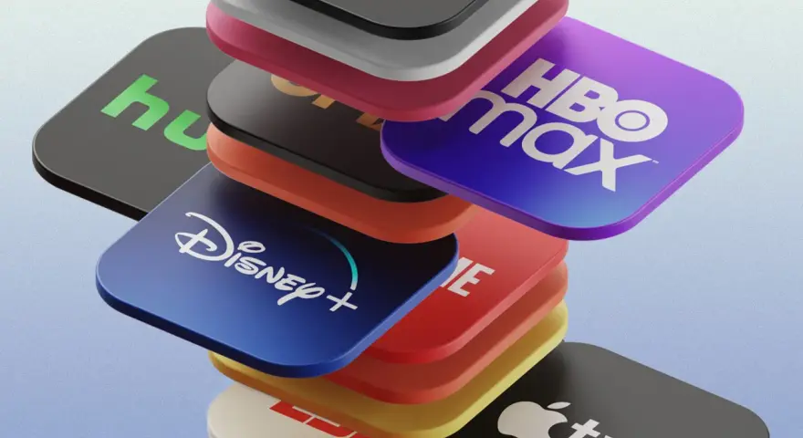 Stos ikon popularnych platform streamingowych: Disney+, HBO Max, Hulu, Apple TV+ i inne.