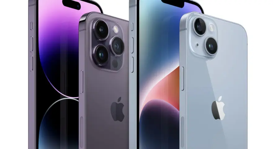 Nowe iPhone 14 Pro w kolorach fioletowym i niebieskim. Idealne do wymiany baterii iPhone 14 Pro.