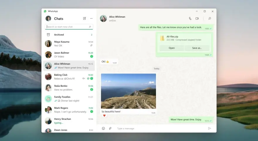WhatsApp na komputerze. Widok rozmowy z Alice Whitman, wysłany plik zip i zdjęcie z gór.