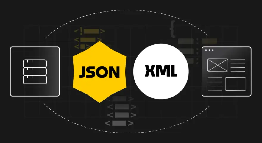Porównanie formatów danych: ikony bazy danych, JSON, XML i interfejsu użytkownika.