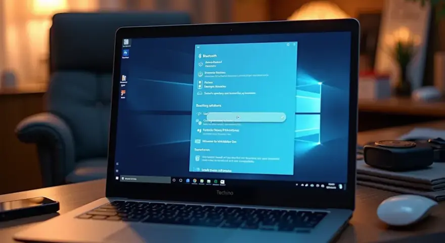 Laptop z otwartym menu Bluetooth w systemie Windows 10.