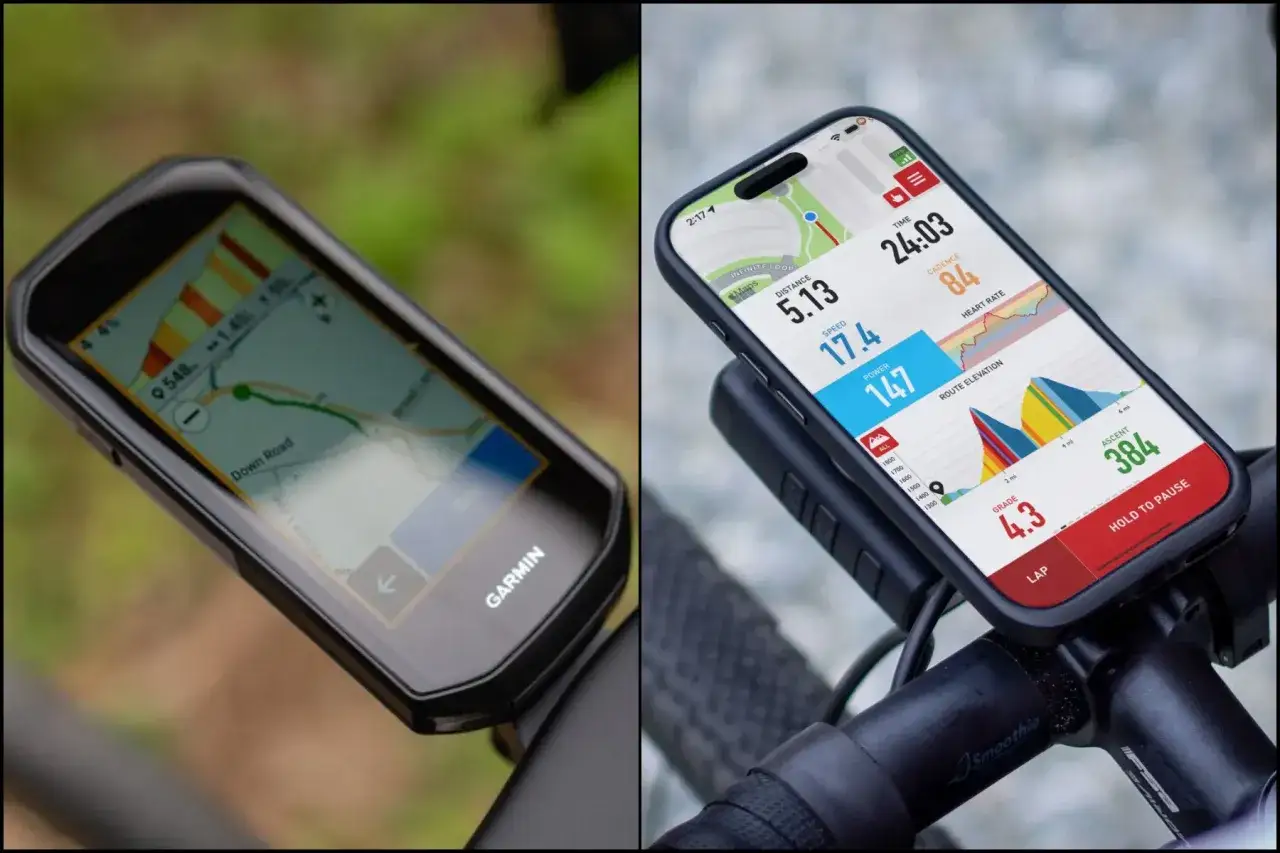 Porównanie dwóch urządzeń: nawigacji rowerowej Garmin i aplikacji na smartfonie. Obie pokazują dane o trasie, prędkości i wysokości. Jaka aplikacja na rower jest lepsza?