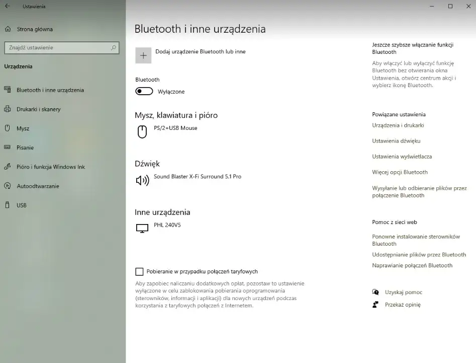 Centrum Akcji Windows 10 ikona Bluetooth