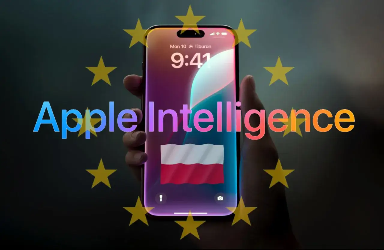 Dłoń trzyma smartfon z polską flagą i napisem Apple Intelligence na tle gwiazd Unii Europejskiej.