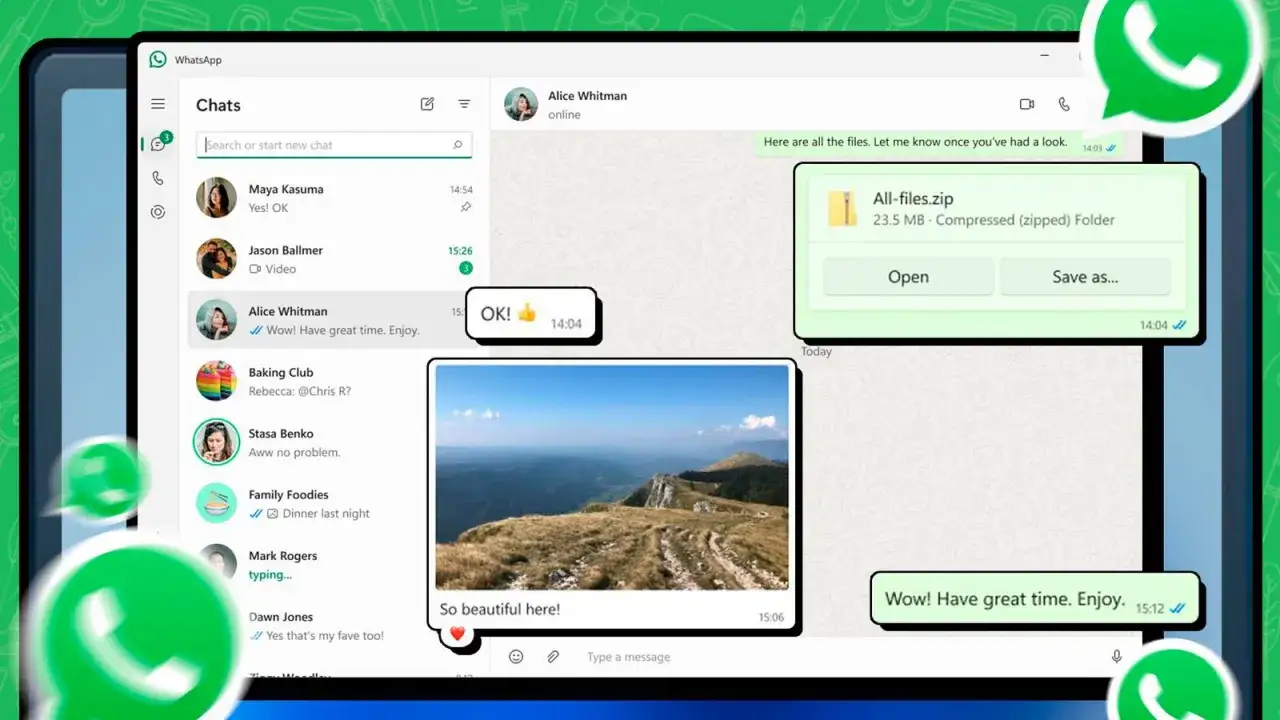 Aplikacja WhatsApp na komputerze. Widok czatów, wysyłanie plików i zdjęć.