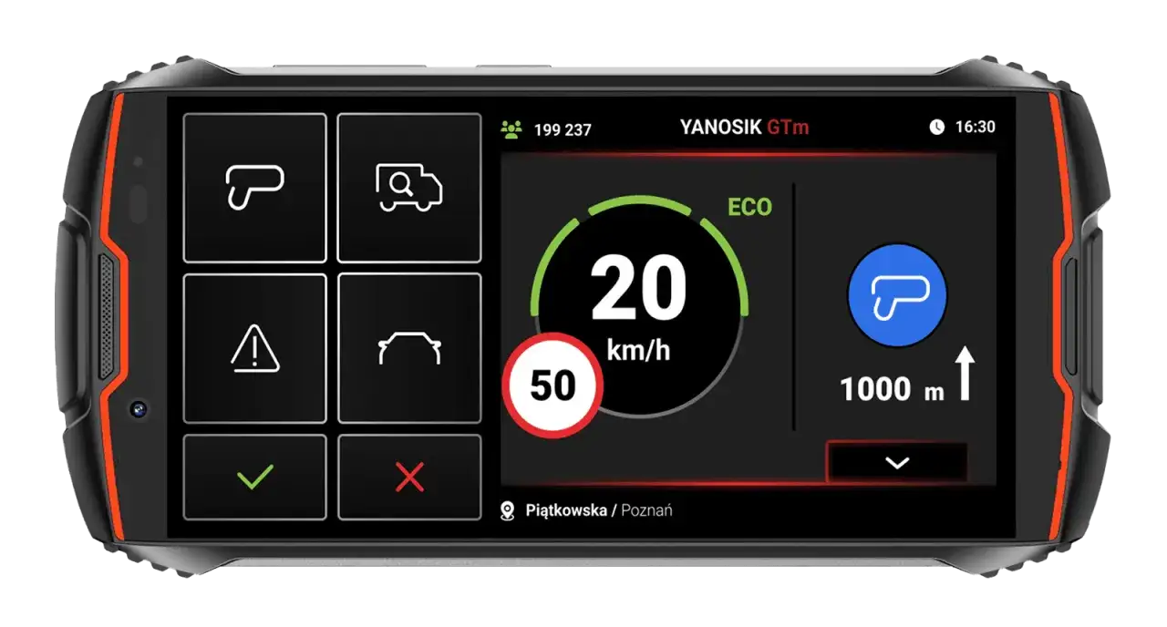 Aplikacja Yanosik na ekranie telefonu pokazuje prędkość 20 km/h, ograniczenie do 50 km/h i trasę do pokonania.