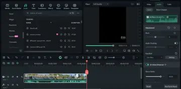 Edytor wideo z panelem audio, gdzie można dostosować modulator głosu, pitch, audio ducking i equalizer.
