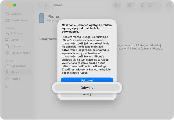 Komunikat o błędzie na iPhonie, który wymaga uaktualnienia lub odtworzenia. Aby rozwiązać problem, kliknij "Uaktualnij" lub "Odtwórz", aby odblokować iPhone'a.