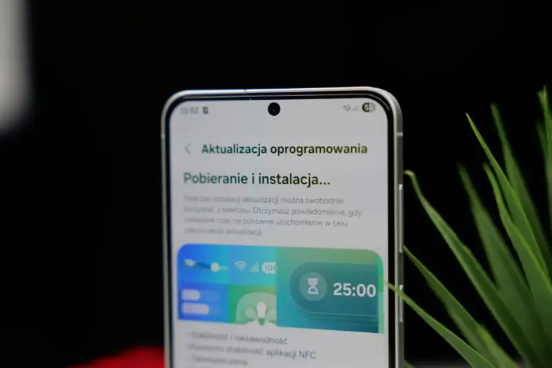 Telefon z interfejsem One UI 8.5 pokazuje ekran pobierania aktualizacji oprogramowania. Widoczny jest zegar 25:00.