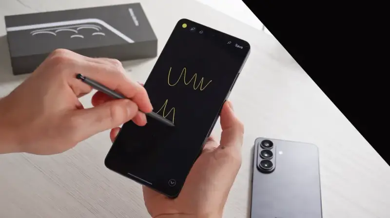 Ręce trzymają smartfon, rysując rysikiem na czarnym ekranie. Obok leży nowy Samsung S26, gotowy na premierę.