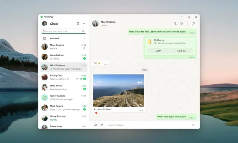 WhatsApp na komputerze. Widok rozmowy z Alice Whitman, wysłany plik zip i zdjęcie z gór.