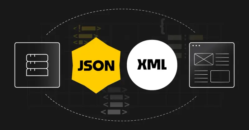 Porównanie formatów danych: ikony bazy danych, JSON, XML i interfejsu użytkownika.